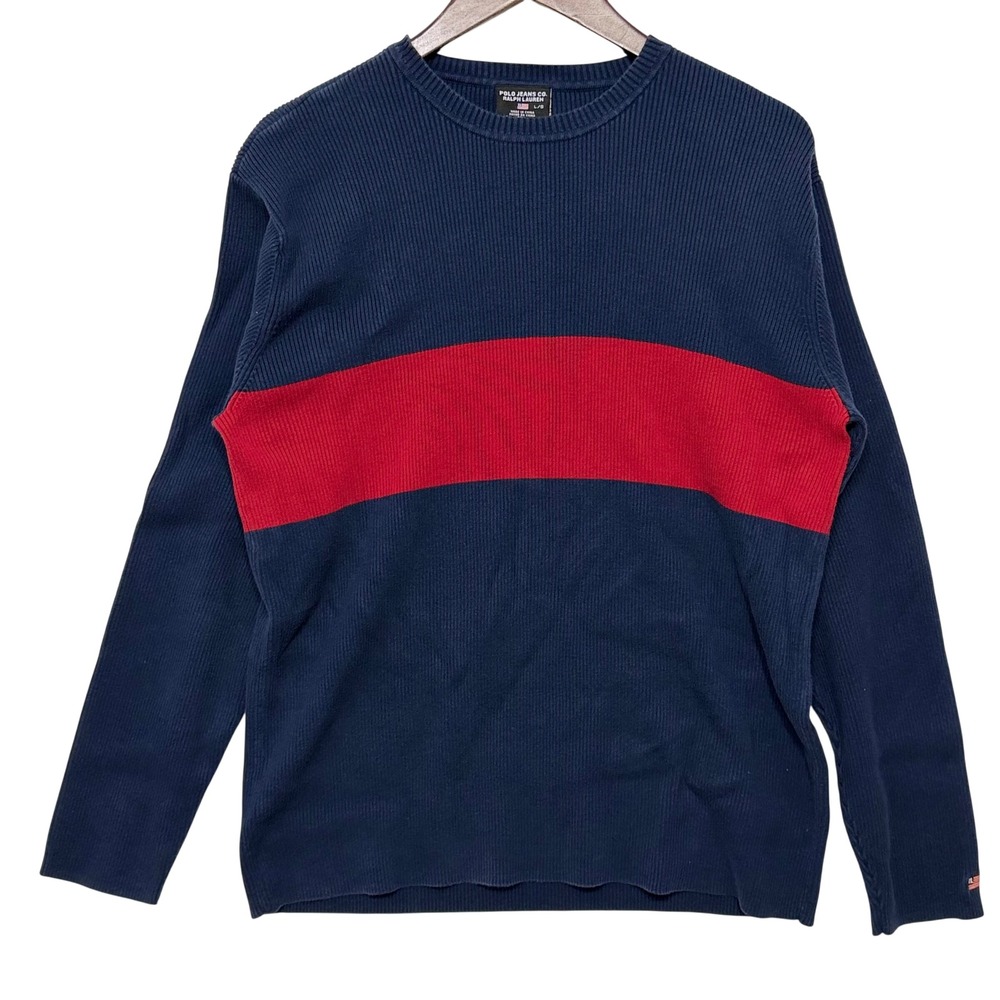 Polo Jeans Co‎ Ralph Lauren Sweater Mens L Blue Red Excellent Ribbed Cotton